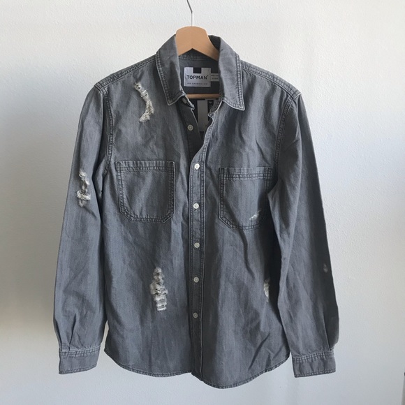 Topman Other - Topman Gray Distressed Button Up Long Sleeve Shirt
